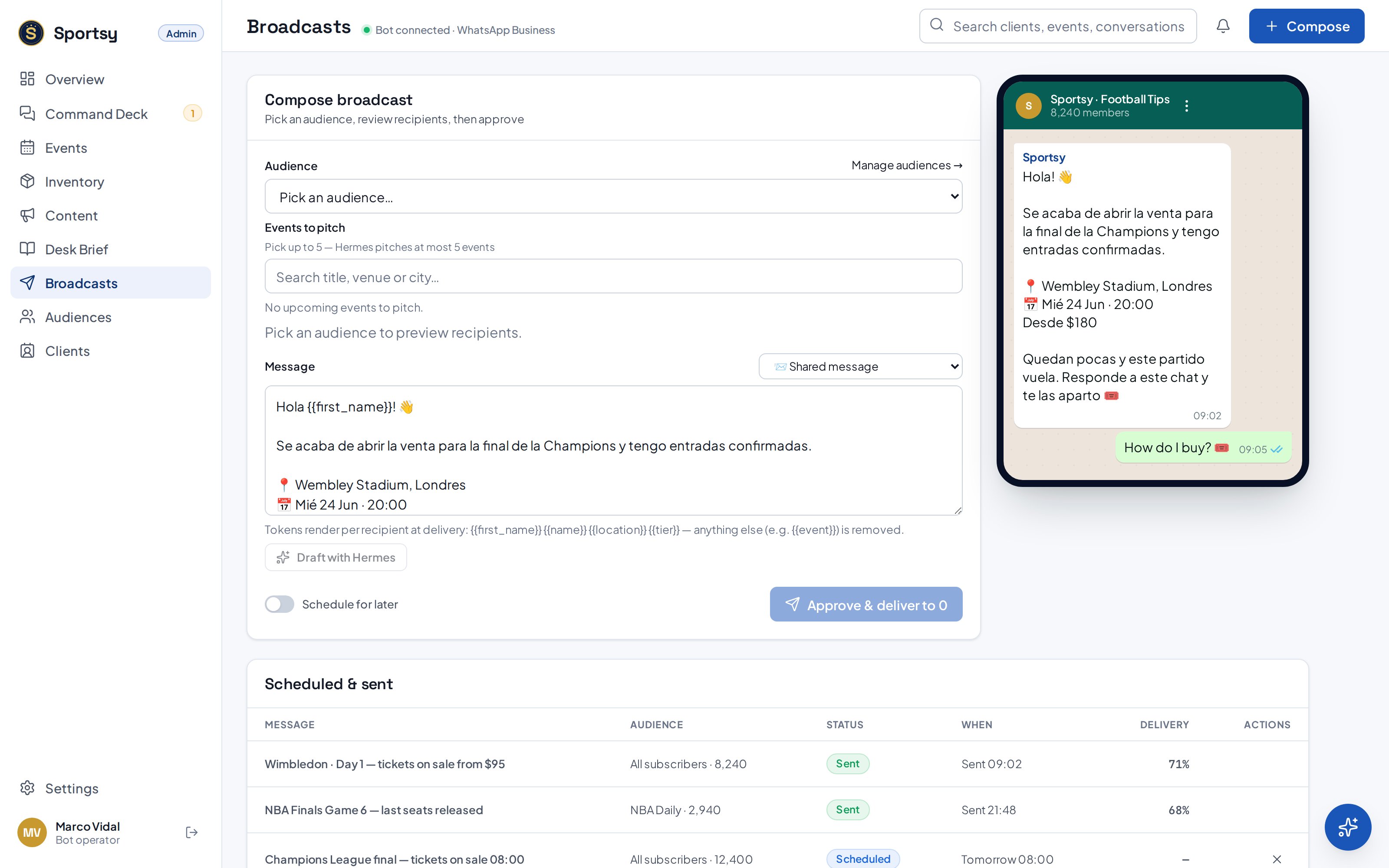 Broadcast composer with live WhatsApp preview and delivery stats
