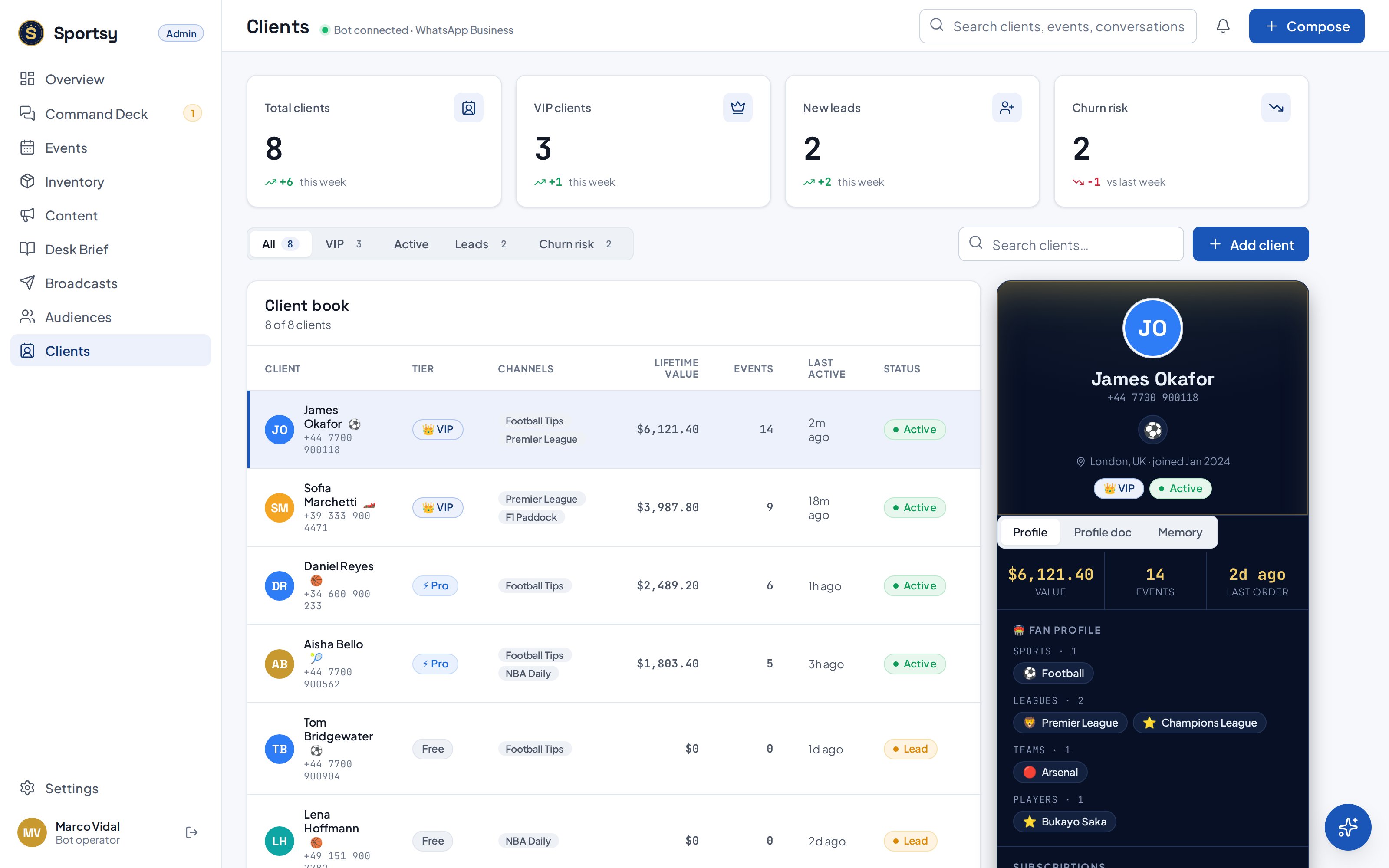 Client book with tiers, lifetime value, and fan profiles